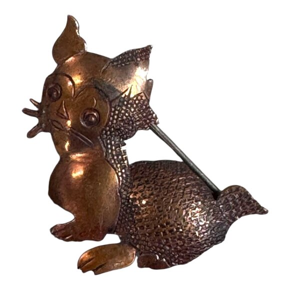 Vtg 1950s Temming Handwrought Copper Cat Brooch Pin MCM Anthropomorphic Signed - Picture 1 of 6
